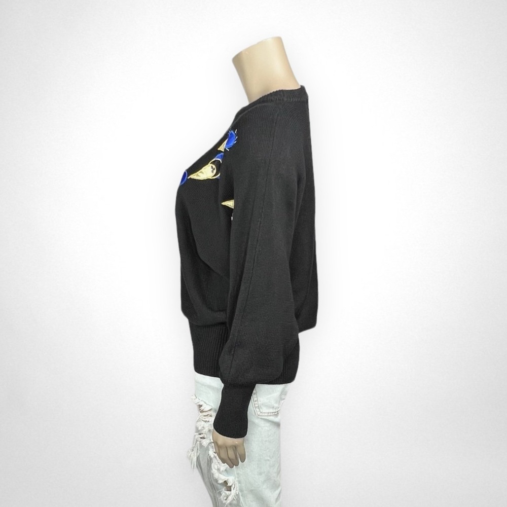 VTG 80s 90s Peacock‎ Embellished Knit Sweater Black L - Picture 2 of 7